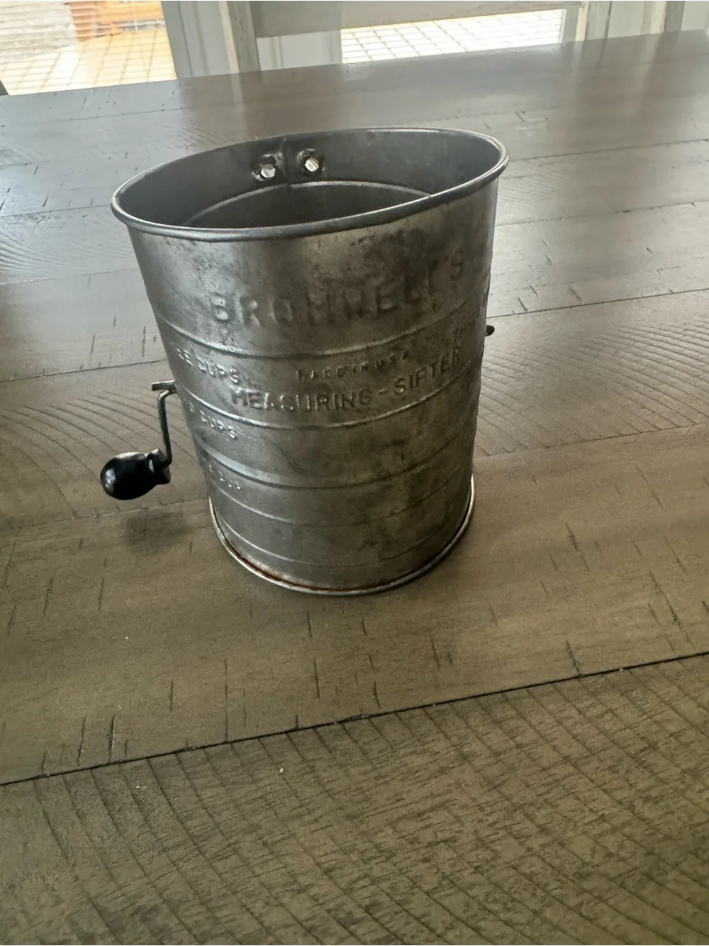 Brownell's Embossed Metal Hand Crank Flour Sifter - Silver